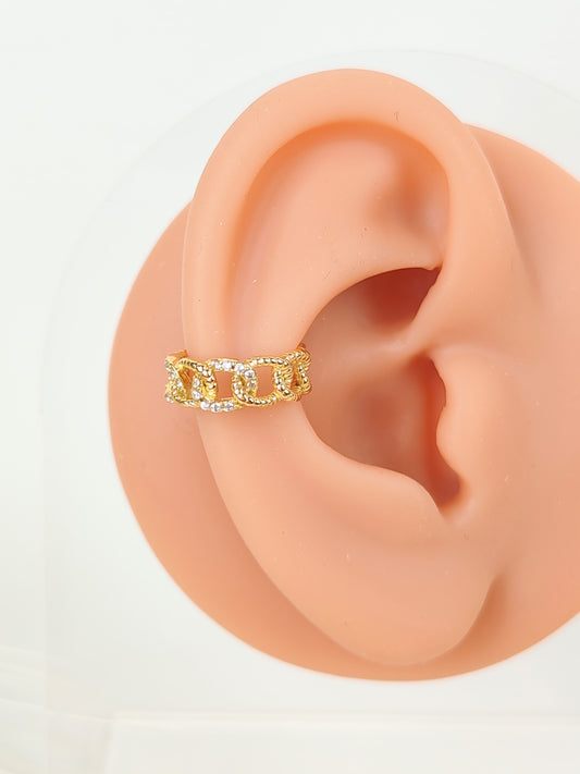 Ear Cuff acciaio dorato incrociato catena zirconi