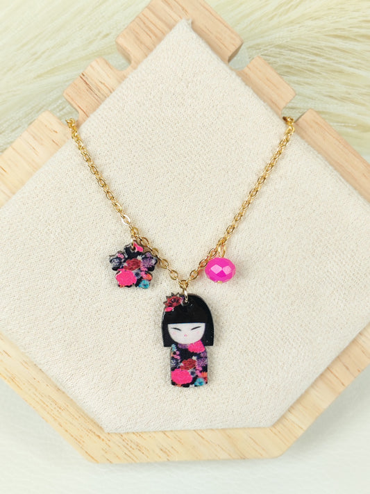 Collana in acciaio Kokeshi Fucsia