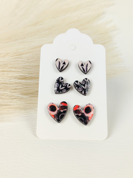 Tris Orecchini Cuoricini Nero Rosa