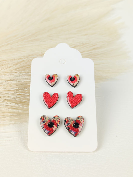 Tris Orecchini Cuoricini Rosso floreale