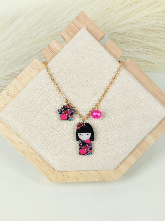 Collana in acciaio Kokeshi Fucsia