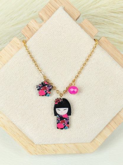 Collana in acciaio Kokeshi Fucsia