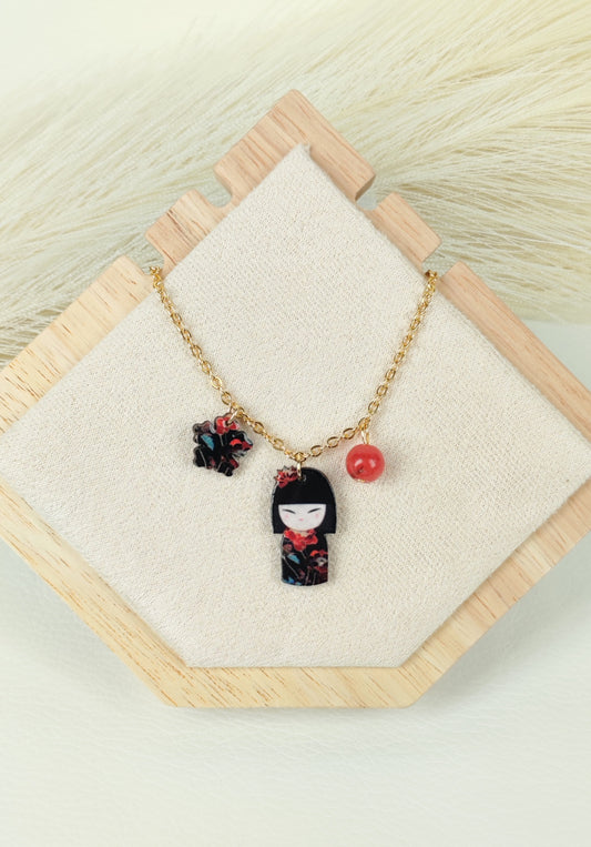 Collana in acciaio Kokeshi Rossa