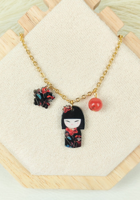 Collana in acciaio Kokeshi Rossa
